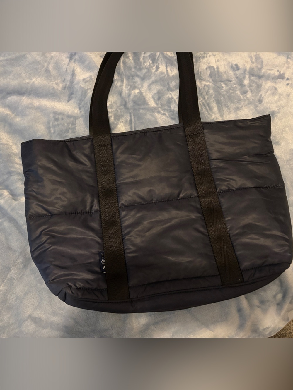 J. Crew Navy Quilted Nylon Shoulder Tote with Black Straps